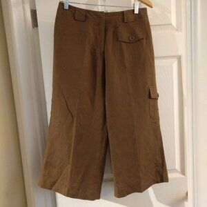 Brown Linen Blend Lined Crop Wide Leg Pants